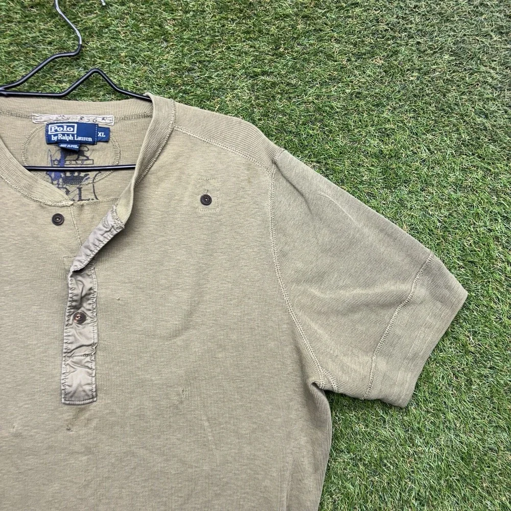 Vintage POLO Ralph Lauren Shirt Mens XL 836 R64 Crest Army Green Henley Ribbing